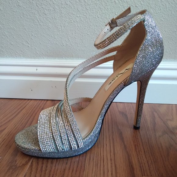 Nina Freyja Silver Strappy Metallic Rhinestone Stilleto Platform - Picture 5 of 10